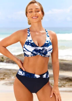 Tie Dye Print Navy Blue Front Cross Bikini Set -AquaLina Store 295123 P 16448223594043