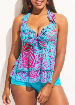 Layered Hem Light Blue Halter Tankini Set -AquaLina Store 295685 P 16474926313232