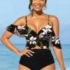 Floral Print Flounce High Waisted Black Bikini Set -AquaLina Store 299547 P 1646632009401
