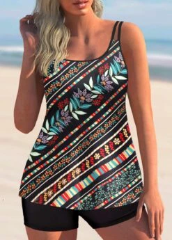 Floral Print Double Straps Multi Color Tankini Set