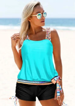 Tribal Print Cyan Tie Side Tankini Set