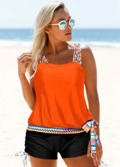 Tribal Print Coral Orange Tie Side Tankini Set