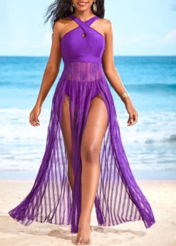 Mesh Purple Double Slit Beach Dress