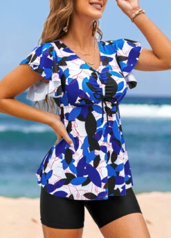Drawstring Mid Waisted Leaf Print Blue Tankini Top -AquaLina Store 318840 P 16716246012222