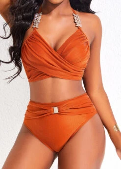 Criss Cross High Waisted Brick Red Bikini Set -AquaLina Store 320410 P 16774736338946