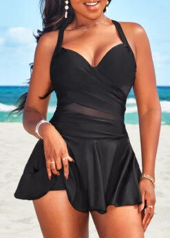 Criss Cross Black Mesh Swimdress Set
