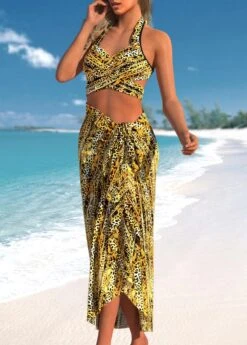 Criss Cross Leopard Gold Bikini Set And Cover Up