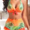 Bowknot Mid Waisted Leaf Print Orange Bikini Set -AquaLina Store 323663 P 16741238291130