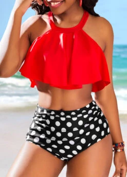 Ruffle High Waisted Polka Dot Red Bikini Set -AquaLina Store 323958 P 16775610754113
