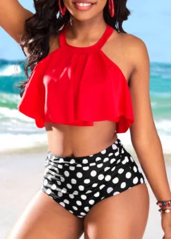 Ruffle High Waisted Polka Dot Red Bikini Set -AquaLina Store 323958 P 16775610756052