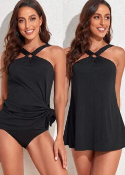 Circular Ring Mid Waisted Black Swimdress Set