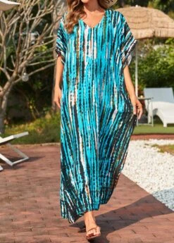 Tie Dye Print Cyan Side Slit Cover Up Dress -AquaLina Store 325541 P 16780904703325