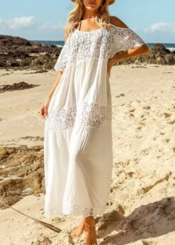 Lace Stitching White Round Neck Cover Up -AquaLina Store 325669 P 16757673454734