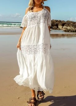 Lace Stitching White Round Neck Cover Up -AquaLina Store 325669 P 16757673459762