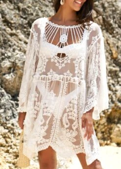 Embroidered White Cage Neck Sheer Cover Up -AquaLina Store 325670 P 16757669002514