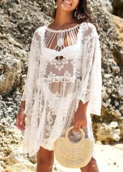 Embroidered White Cage Neck Sheer Cover Up -AquaLina Store 325670 P 16757669002662