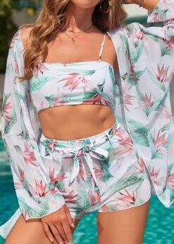 Bowknot High Waisted Leaf Print Bikini Set