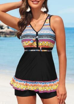 Criss Cross Mid Waisted Striped Black Tankini Set -AquaLina Store 326884 P 16793105619194