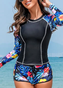 Tie Mid Waisted Tropical Plants Print Tankini Set