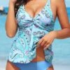Light Blue Twist Low Waisted Paisley Print Tankini Set
