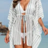Half Sleeve Drawstring Striped White Cover Up -AquaLina Store 328401 P 16796269561264
