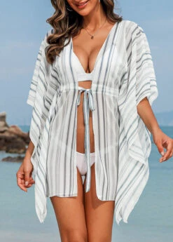 Half Sleeve Drawstring Striped White Cover Up
