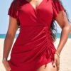 Surplice Ruffle Drawstring Red Swimdress Top-No Bottom -AquaLina Store 328602 P 16808633450610