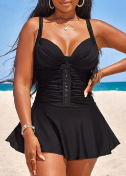 Circular Ring Ruched Black Swimdress Set