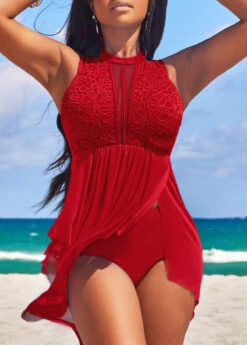 Lace High Waisted Red Swimdress And Panty