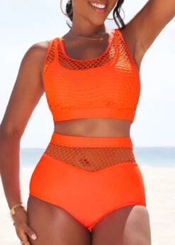 Mesh Patchwork High Waisted Orange Bikini Set -AquaLina Store 329076 P 16857047435873