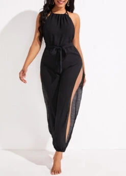 Split Cutout Tie Black Beach Jumpsuit