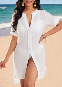 Button Pocket Split White Cover Up -AquaLina Store 330781 P 16838876038213
