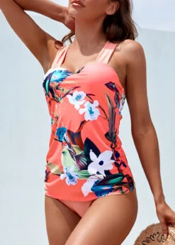 Tie Mid Waisted Floral Print Coral Tankini Set -AquaLina Store 330957 P 16849092446840