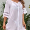 Button White Mesh Stitching Cover Up