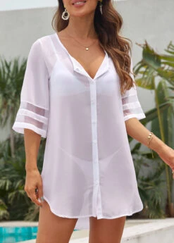Button White Mesh Stitching Cover Up -AquaLina Store 331083 P 16823255247502